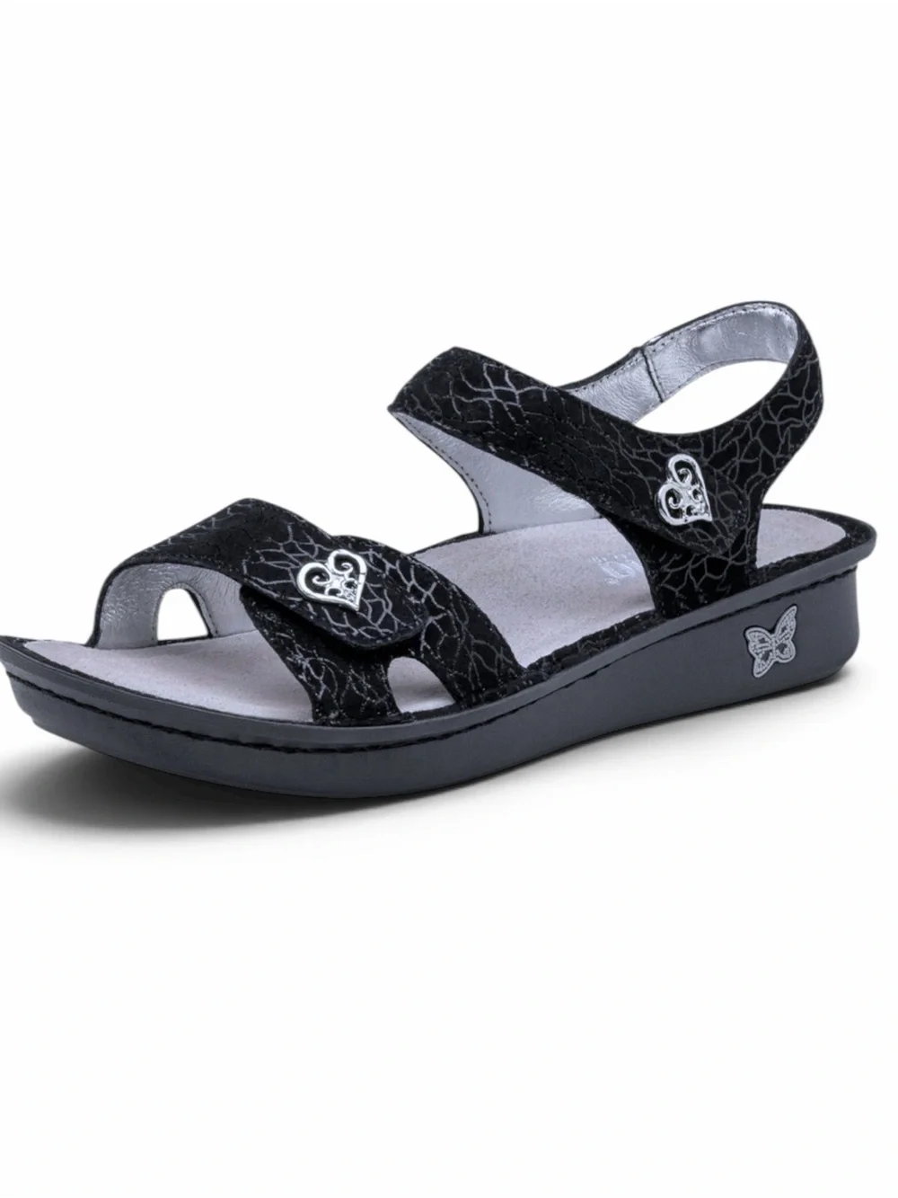 Alegria Vienna Waverly Black Crackle Leather Velcro Silver Heart Sandals NWOT